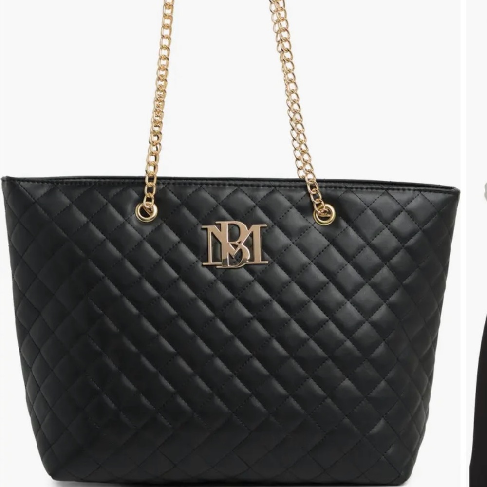 Badgley Mischka Large Black Quilted Tote with Gold Chain